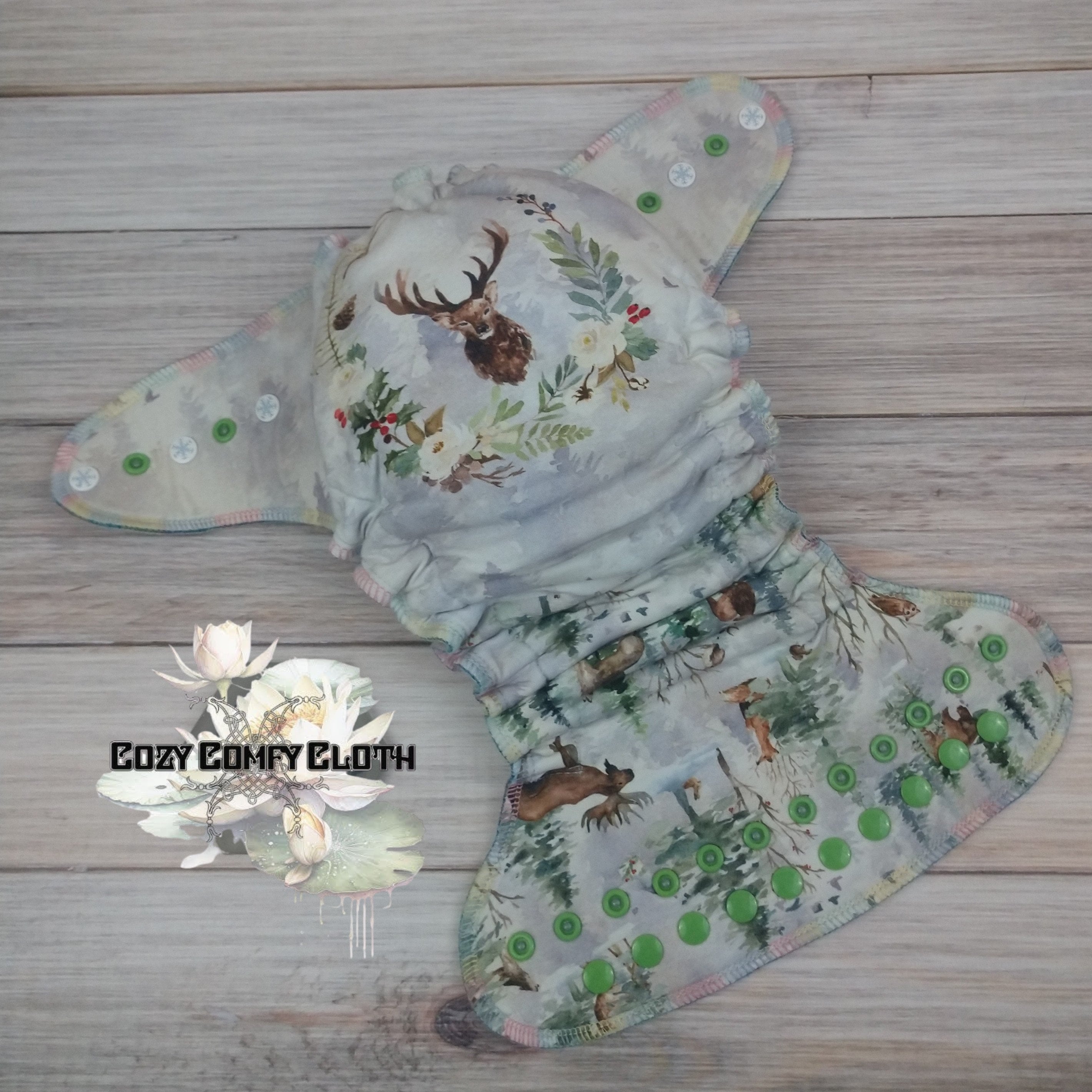 Reindeer Print Cloth Diaper: One Size Hybrid Fitted Nappy, Bamboo Insert