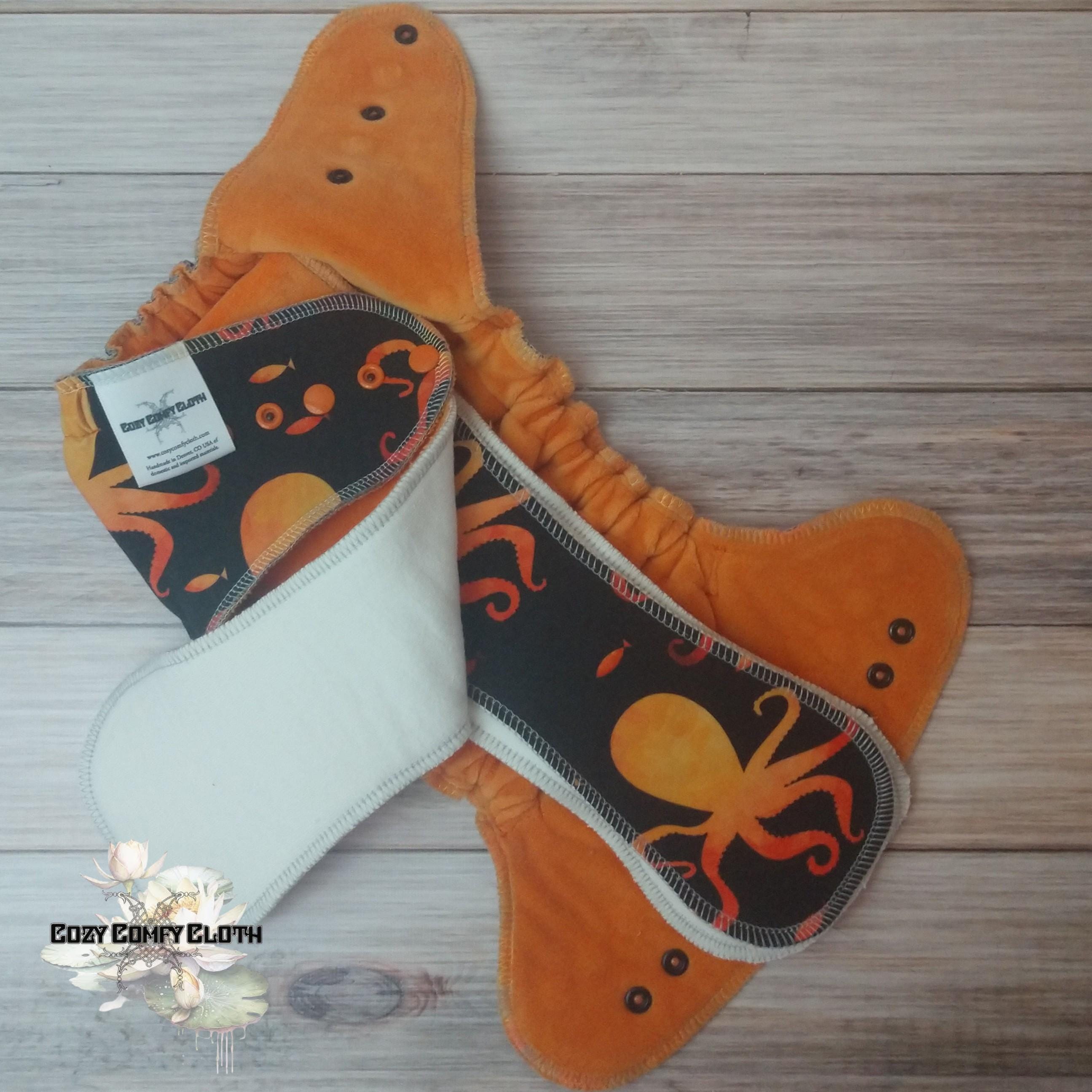 Orange Octopus Cloth Diaper: One Size Hybrid Fitted Nappy