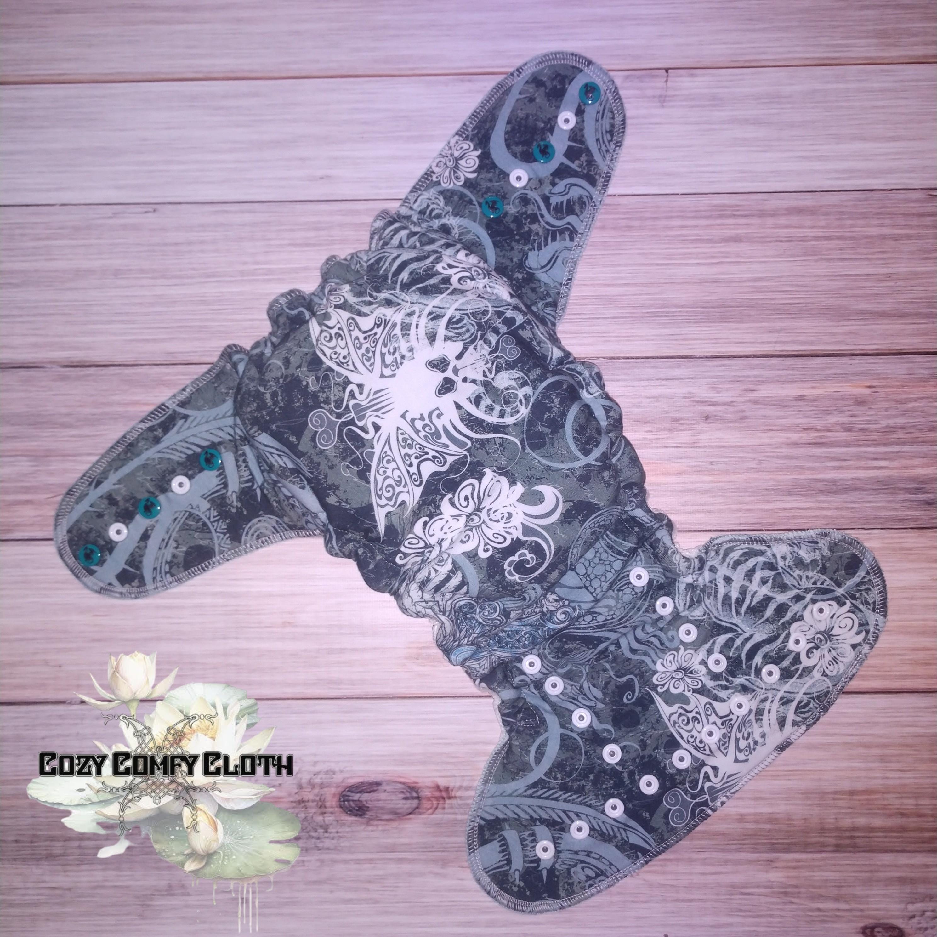 Butterfly Skull Halloween Cloth Diaper: Windpro Fleece, Bamboo Insert