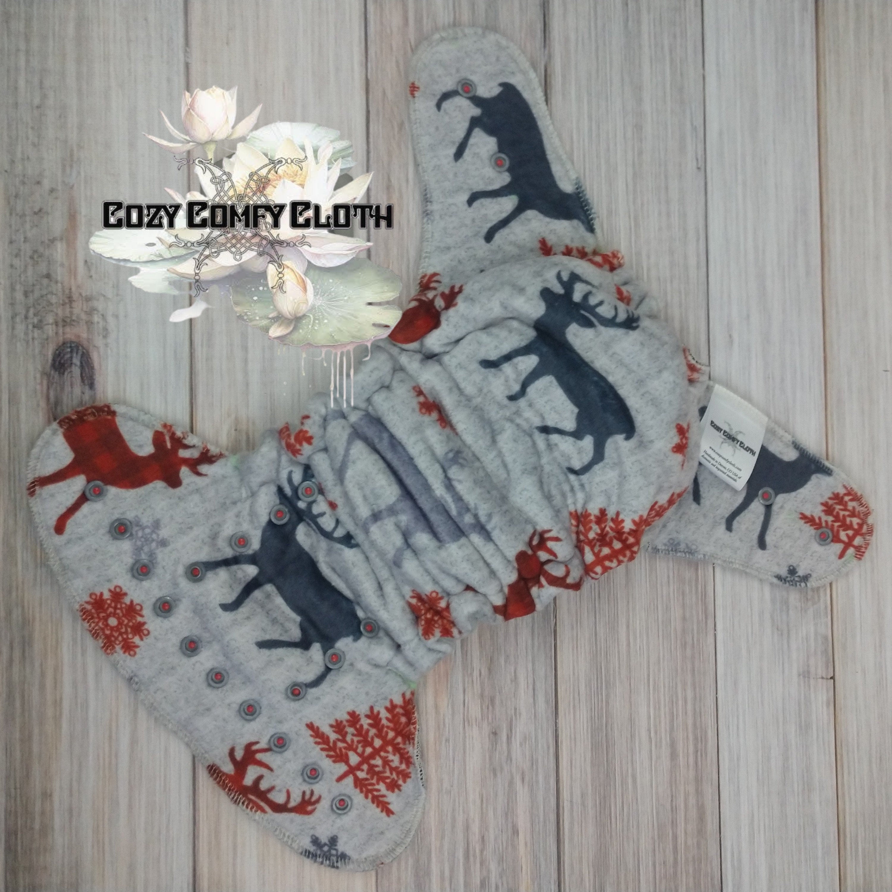 Reindeer squish AIO Cloth Diaper: One Size, Windpro Fleece, Bamboo Insert