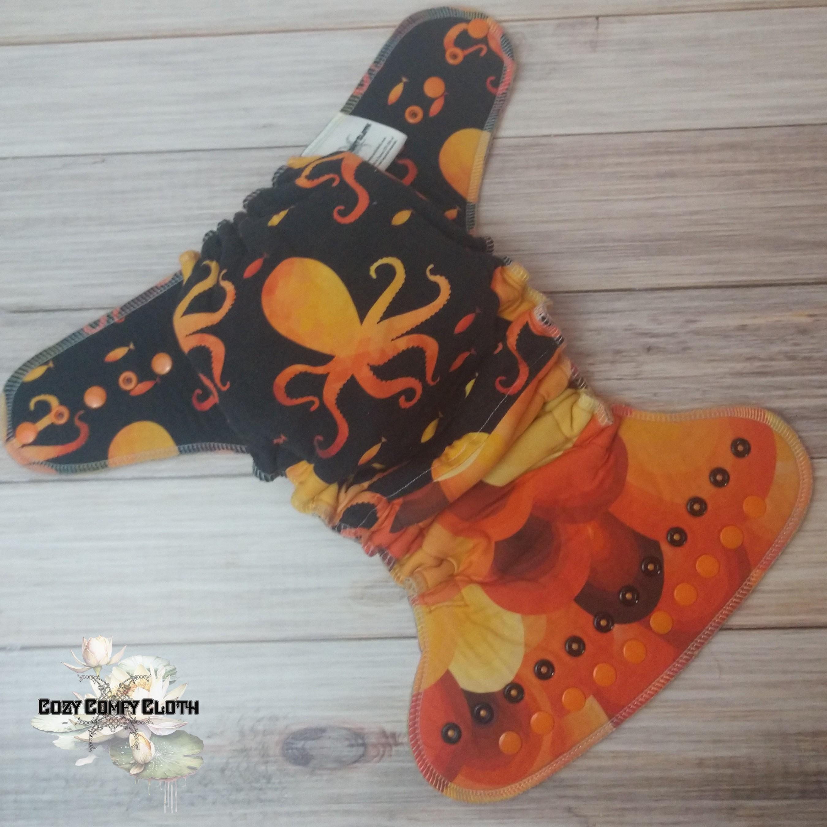 Orange Octopus Cloth Diaper: One Size Hybrid Fitted Nappy