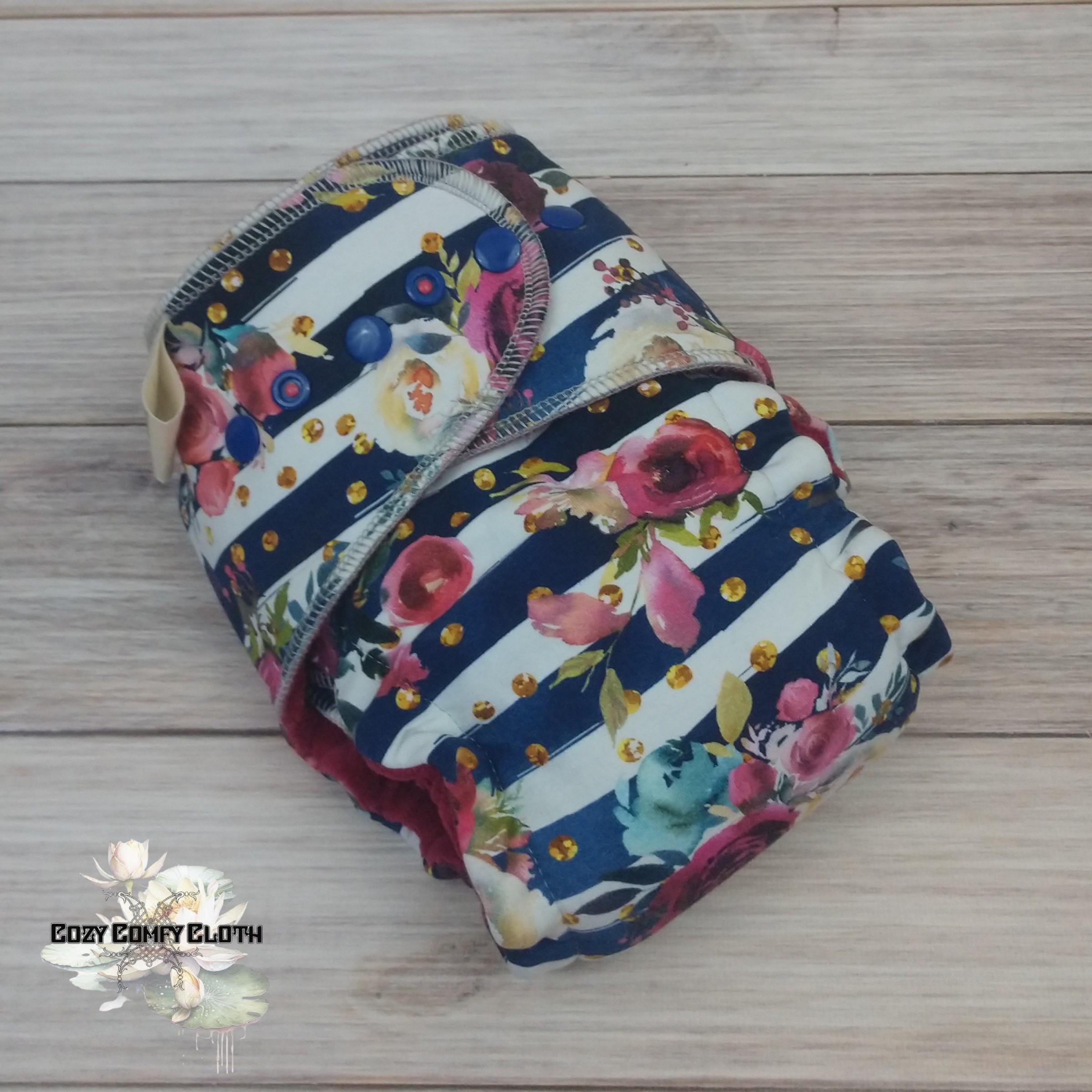 Floral Stripe Hybrid Fitted Cloth Diaper: One Size, Bamboo Insert