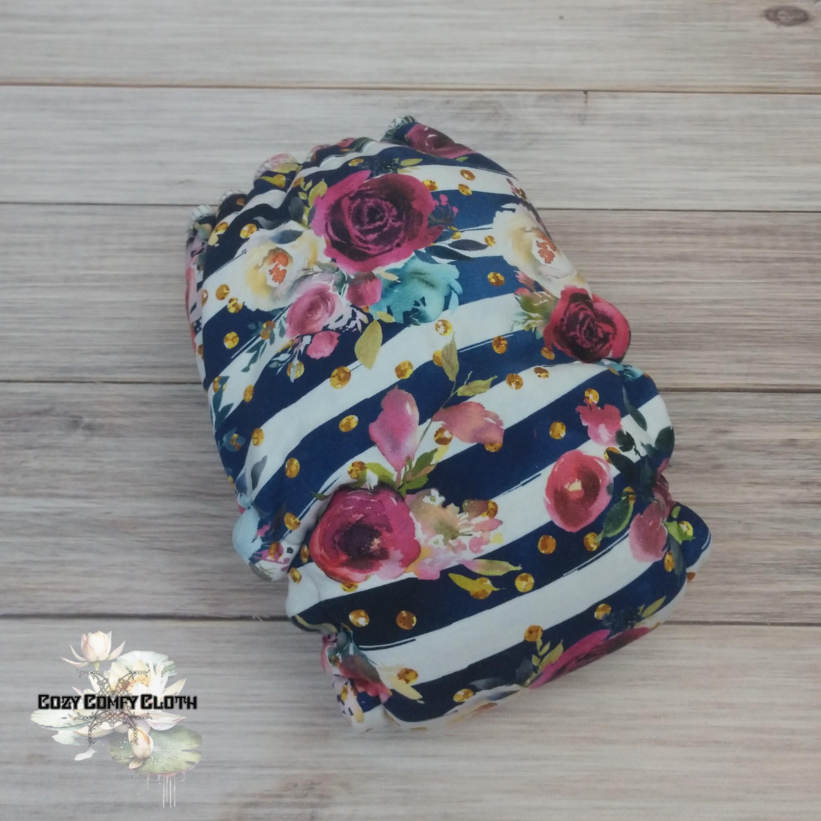 Floral Stripe Hybrid Fitted Cloth Diaper: One Size, Bamboo Insert