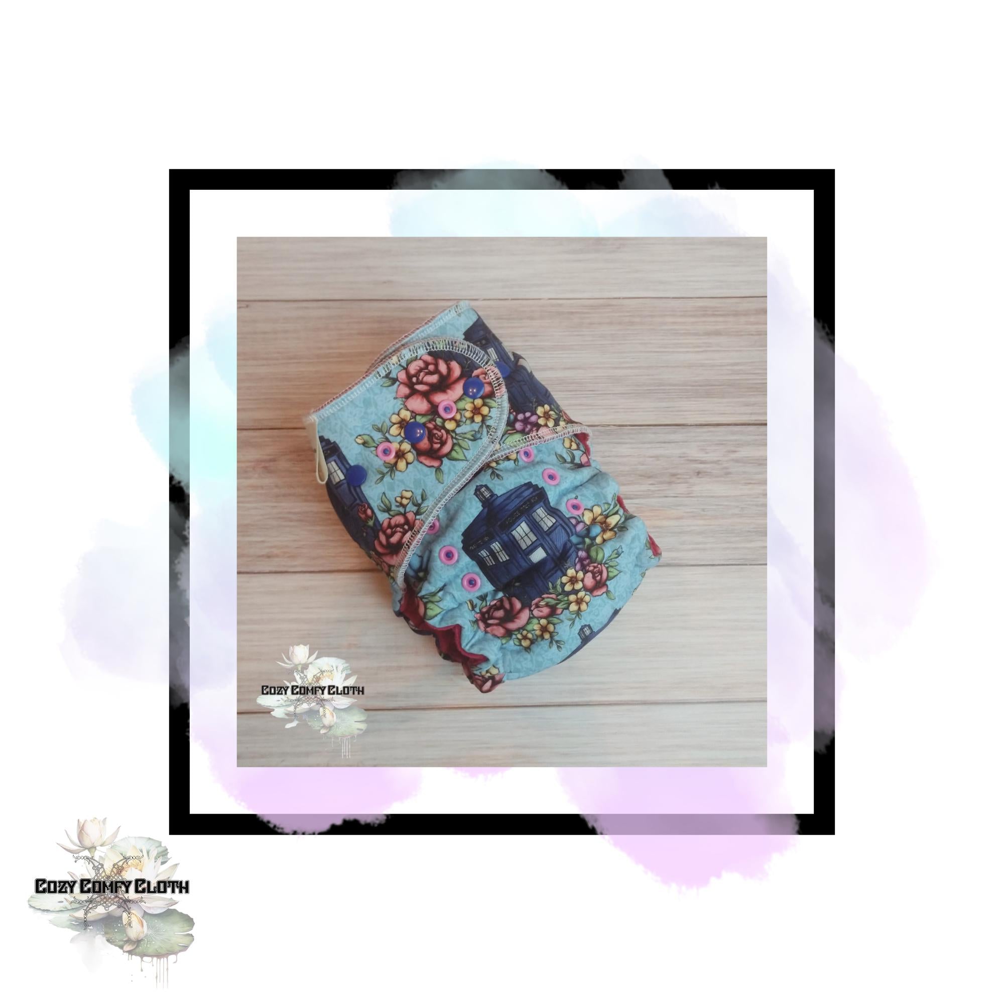 Floral Hybrid Fitted Cloth Diaper: Windpro Fleece, Hemp Insert, One Size